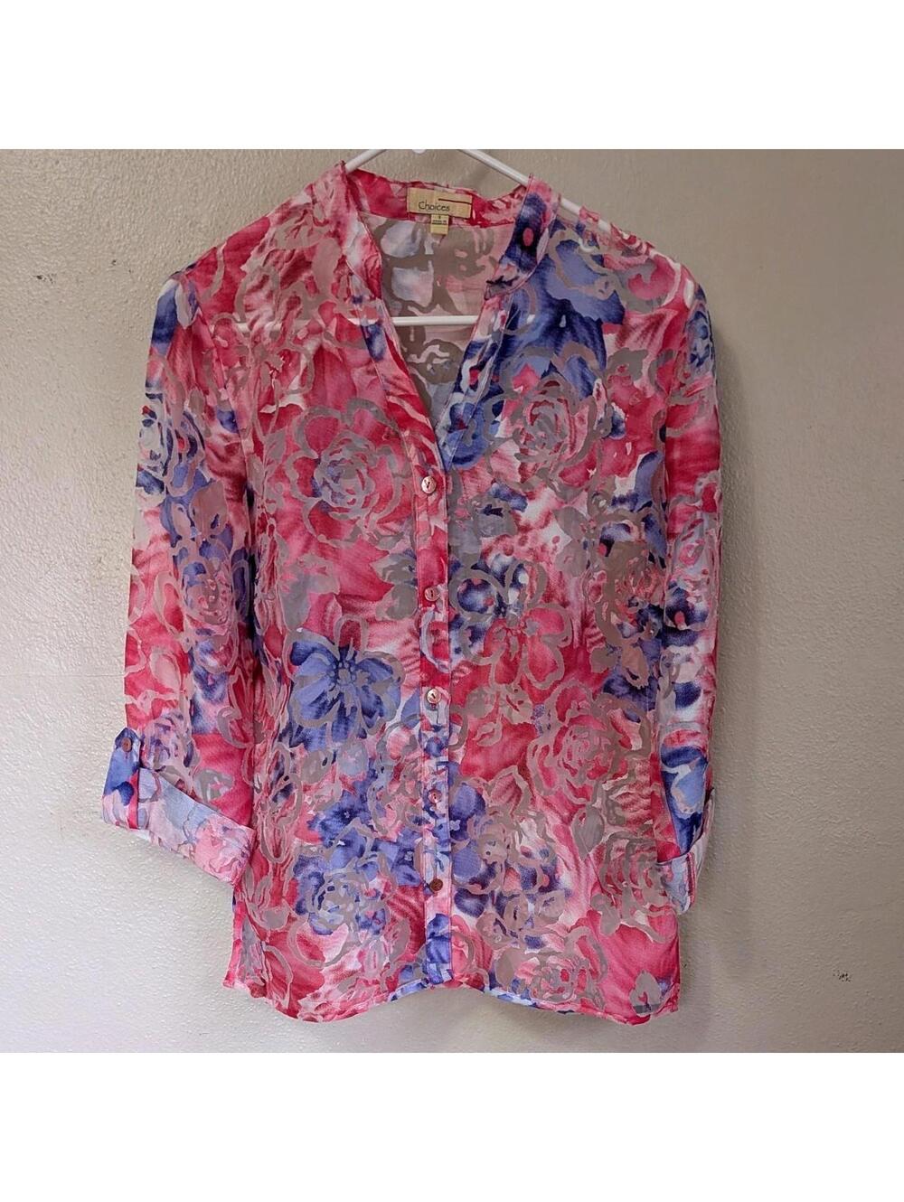 1990s Choices Watercolor Floral Sheer Button Up Blouse Vintage Size S